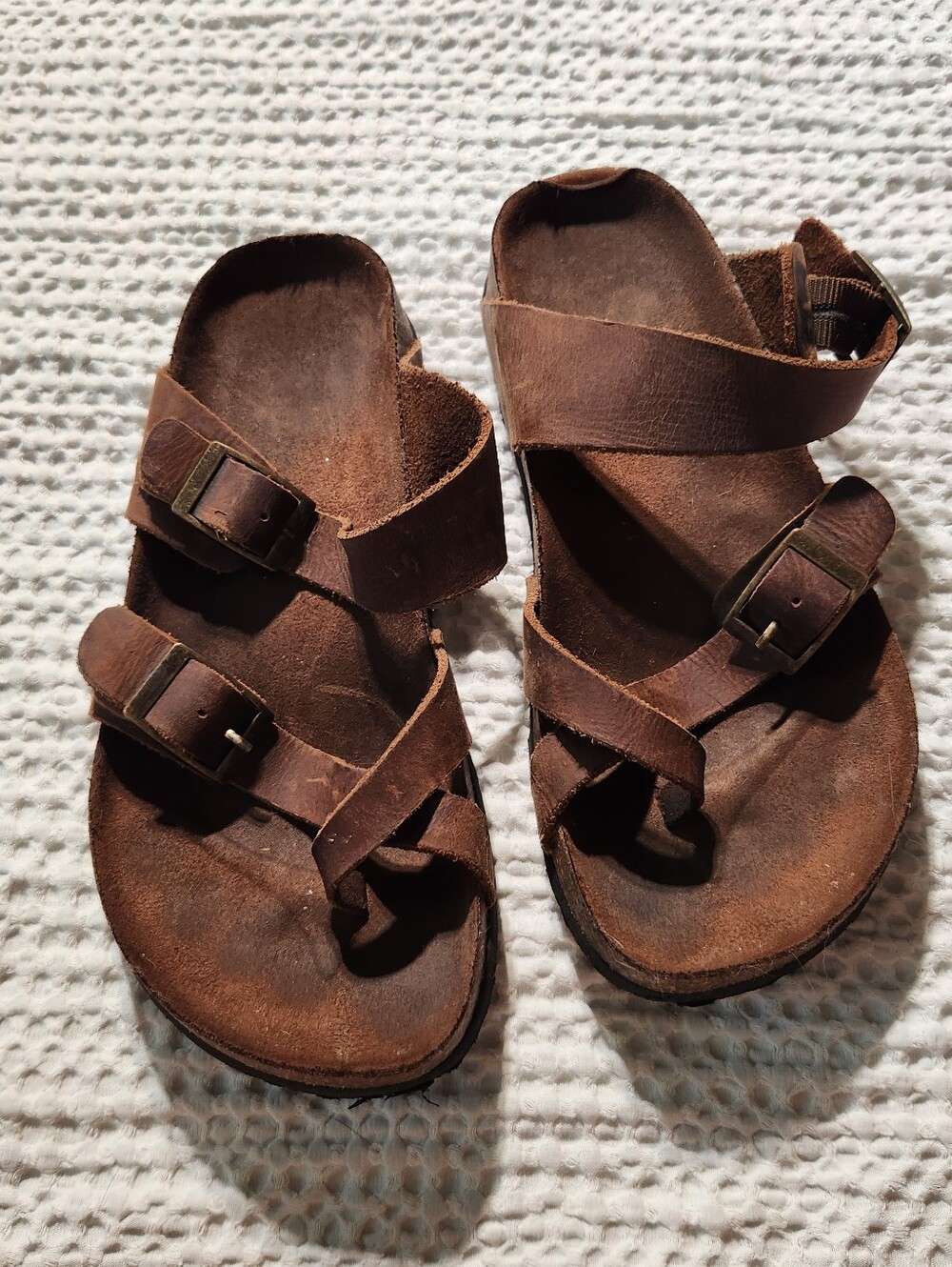 Wpmens Brown Leather Slide Sandals with Adjustable Buckles